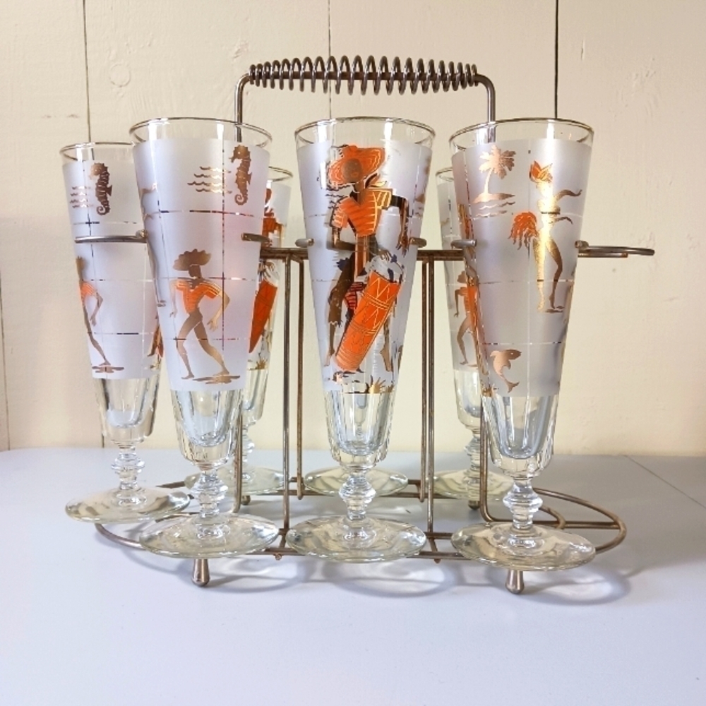 Vintage Libbey Glass Company Calypso Caribbean Cruise Set of7  Pilsner Glasses